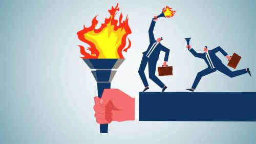 Passing on of cultural fire commerce, acquiring a legacy or skill of experience, passing on or succession plan, successor, torch relay, businessman taking an unlit torch to a giant's torch to be lit